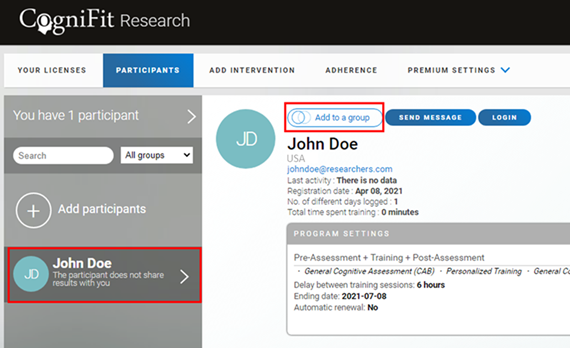 Adding Participants to Groups in the Cognitive Research Platform.